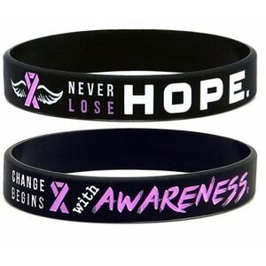 Set of 10 Breast Cancer Awareness Pink/Black Ribbon Silicone Bracelets